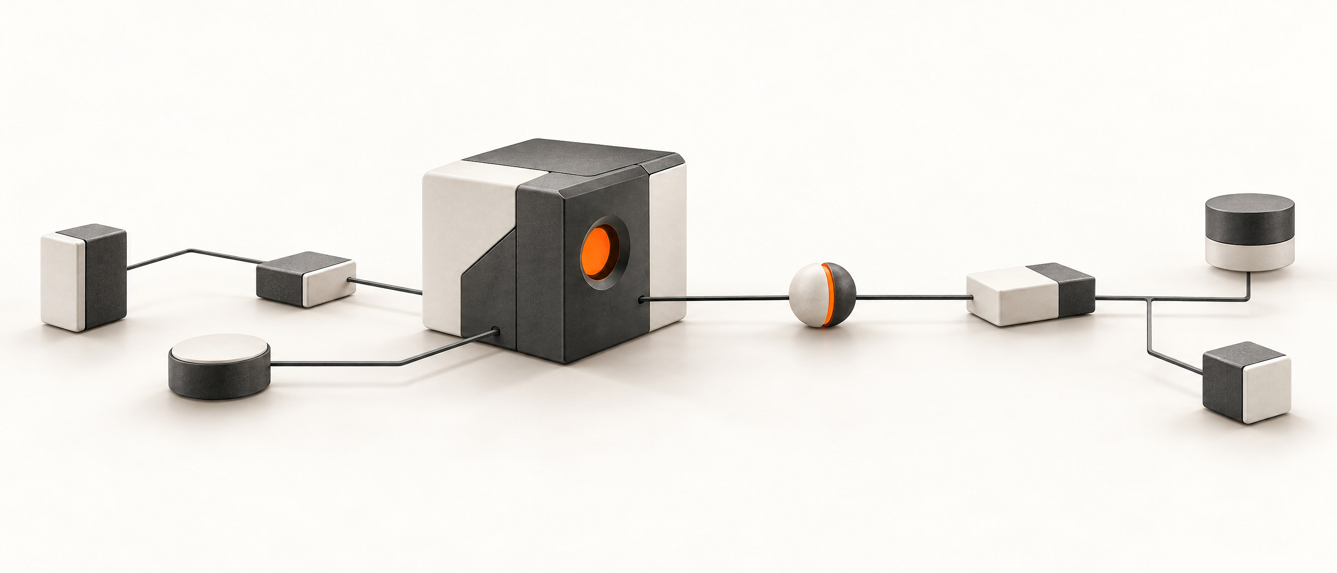 Conceptual autonomous computing architecture with graphite modules and an orange signal node